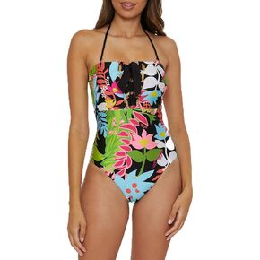 Trina Turk Women's Standard Tiki Bandeau One Piece Swimsuit, Floral Print, Adjustable, Tie Back, Bathing Suits