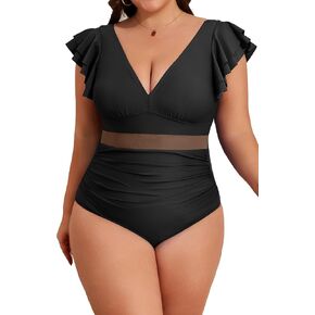 B2prity Women Plus Size One Piece Swimsuit V Neck Mesh Tummy Control Bathing Suit Full Coverage Ruffle Swimwear
