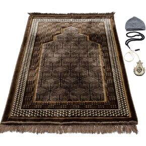 Modefa Turkish Islamic Velvet Prayer Rug - Thick Wide Soft Praying Carpet for Men & Women - Double Plush Large Janamaz - Eid & Ramadan Gift - with Kufi Beads & Car Hanger - Geometric Noor - Black