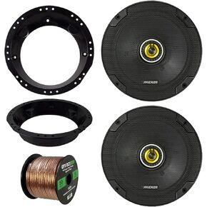 حزمة سماعات Harley 98-13: 2 Kicker CSC674 6-3/4 بوصة 600 وات CS-Series مجموعة مكبرات صوت محورية للسيارة باللون الأسود مع حلقات تثبيت مكبر صوت للدراجات النارية، سلك مكبر صوت Enrock بطول 50 قدمًا وقياس 16