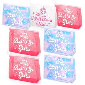 7 Pcs Let's Go Girls Bachelorette Makeup Bags Retro Disco Cowgirl Recovery Kit Bags Girls Trip Holographic Cosmetic Bags with Zipper Gift Bags for Women