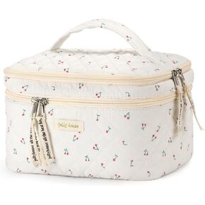 حقيبة مكياج مبطنة، حقيبة مستحضرات تجميل قطنية مع مقبض حقيبة أدوات زينة للسفر بطبقة مزدوجة للنساء حقيبة مكياج جمالية لطيفة على شكل زهور (أزرق مزدوج) in Kuwait