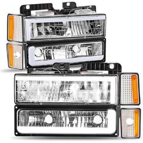 C-Shaped LED DRL Headlights+ Corner/Bumper Lamps Compatible with 1988-1993 Chevy C/K 1500-3500 Suburban CAAP-C1088-8P-LB2-CHAM-HL