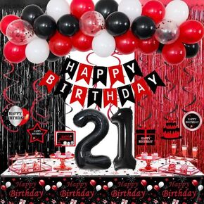 زينة عيد الميلاد الحادي والعشرون له، زينة عيد الميلاد الحادي والعشرون باللونين الأحمر والأسود، لافتة بالونات عيد الميلاد الحادي والعشرين السعيد، لافتة معلقة على شكل دوامات، مفرش طاولة من رقائق معدنية لتزيين حفلات عيد الميلاد الحادي والعشرين للرجال