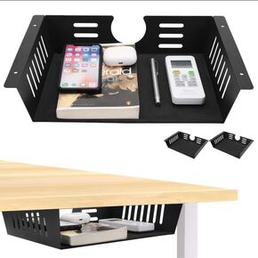 2 Pack Under Desk Shelf - Under Desk Storage Shelf Metals - 13.8" Under Table Storage - Black Under Shelf Storage for Office Tables & Workstations