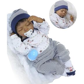 دمى أطفال تولد من جديد من الأولاد الأمريكيين من أصول أفريقية سوداء اللون من الفينيل السيليكوني الواقعي مقاس 22 بوصة مصنوعة يدويًا ومرجحة وعيون لطيفة مغلقة أثناء النوم in Kuwait