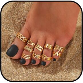 10PC Gold Toe Rings for Women Set Adjustable Band Toe Rings Non Tarnish Moon Star Toe Rings Heart-Shape Toe Ring Summer Beach Toe Jewelry Gift
