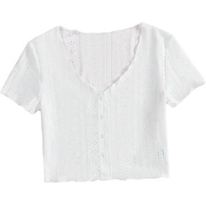 SweatyRocks Women's Button Front V Neck Eyelet Embroidered T Shirts Short Sleeve Crop Tee Tops