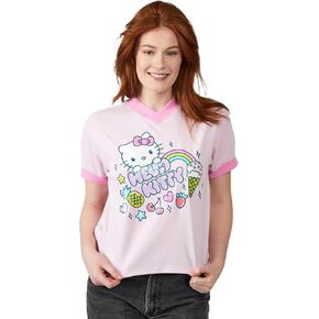Hello Kitty Rainbow Hearts Stars & Sweet Treats V-Neck Short Sleeve Cradle Pink Women's T-shirt