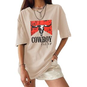 CM C&M WODRO Oversized Western Cowboy Killer T Shirt for Women Retro Cowgirl Rodeo Tee Vintage Bull Skull Graphic Shirt Top