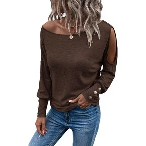 SweatyRocks Women's Cut Out Lantern Long Sleeve Tee Top Off Shoulder Plain Casual Holiday Spring Autumn Shirts