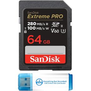 SanDisk 64GB SD Extreme Pro UHS-II Memory card Works with Nikon Zf, Z8, Z30 Z series Mirrorless Cameras (SDSDXEP-064G-GN4IN) Bundle with 1 Everything But Stromboli 3.0 Micro & SD Card Reader