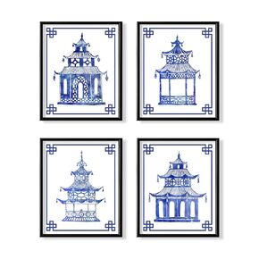 Blue and White Chinoiserie Wall Art - China Pavilion Wall Decor - Blue Watercolor Picture Print - Chinese Oriental Ornament - Classic Asian Japanese Decor - Chinese Art for Kitchen Bathroom - Set of 4