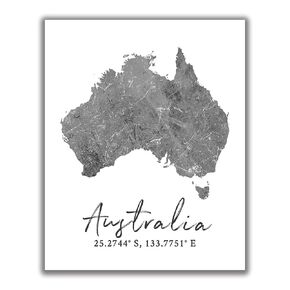 Australia Map Wall Art Print - 8x10 Silhouette Decor Print with Coordinates. Makes a Great Australian Country-Themed Gift. Shades of Grey, Black & White.