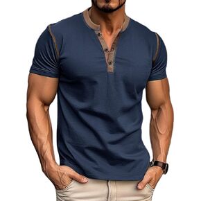 Men's Fashion Henley Shirt Classic Sleeve Button Cotton Short T-Shirt Summer Casual Slim Fit Top