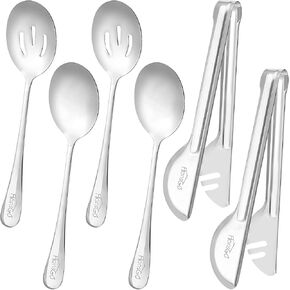 HANSGO Serving Utensils Stainless Steel, 6PCS Large Serving Utensils Including 2 Serving Spoons, 2 Slotted Spoons, 2 Serving Tongs for Wedding Party Family Dinners