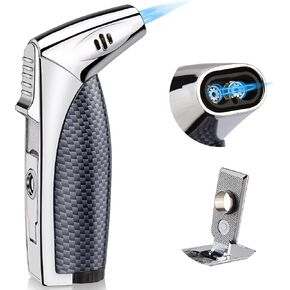 Torch Lighter Double Jet Flame, Refillable Butane Torch Cool Lighter Windproof Lighter with Punch for Men Women with Gift Box(Black Blue, Without Gas)