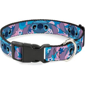 Disney Pet Collar, Dog Collar Plastic Buckle, Lilo and Stitch Stitch Flip Expressions Close Up Blues Pinks, 11 to 16.5 Inches 1.0 Inch Wide