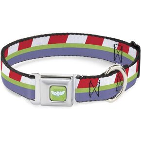Dog Collar Seatbelt Buckle Toy Story Buzz Lightyear Bounding Stripe Red Green Purple 15 to 26 Inches 1.0 Inch Wide