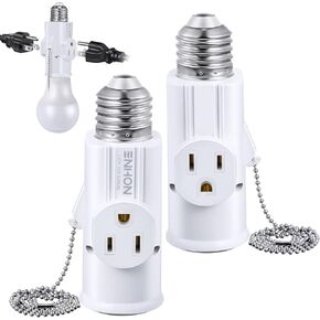 3 Prong E26 Light Socket to Plug Adapter, White Heat Resistant Light Socket 2/3 Prong Outlet Light Bulb Plug Splitter Converter for Garage Porch CCTV Camera (2 Pack)