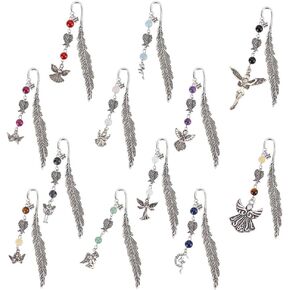 12pcs Feather Metal Bookmarks Crystal Bookmarks Vintage Gemstone Beading Bookmarks Alloy Angel Book Markers for Office School Reading Book Lovers Teacher's Day Christmas Birthday Gifts