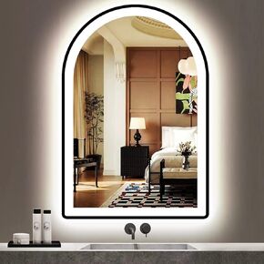 THEKLA 16 x 24 Inch Bathroom Black Arch Vanity Mirror with Light Black Frame Arch LED Mirror for Bathroom Wall Arched Lighted Mirror AntiFog Dimmable 3Color Black Framed Arch Smart LED Light up Mirror