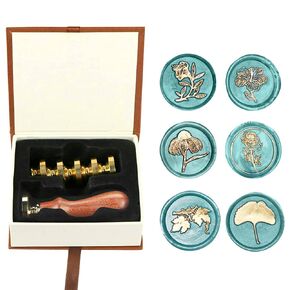 Wax Seal Stamp Kit, Afobby Flower Wax Seal Stamp Set with 6 PCS Removable Brass Heads and 1 Wooden Handle, Retro Camomile Lotus Iris Sealing Wax Stamps for Wedding Invitation Envelopes Decoration