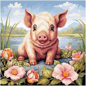 51buyoutgo Pig 11ct Cross Stitch Kits, 11 CT Funny Pre Printed Counted Stamped Cross Stitch Embroidery Needlepoint Needlework Patterns Kits for Beginners Adults Animal Crossstitch Wall Decor 46x46cm