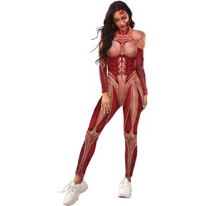 Womens Kyojin Cosplay Costume AOT Bodysuit Jumpsuit Halloween Muscle Skeleton Bodysuit Zentai 3D