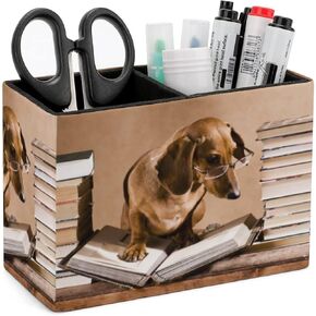 Niapessel Pencil Holder for Desk, Funny Dachshund Animal Pen Holder Storage Desktop Pen Organizer Desk Pencil Organizer Makeup Brush Holder for Office School College Leather