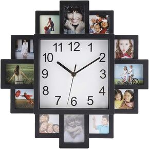 Photo Frame Wall Clock,2 in 1 Plastic Wall Clock + Photo Frame Black Modern Home Decor Living Room Decoration Surrounded by Several Photo Frame to Display Photos