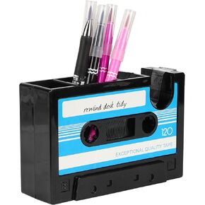 SHIDOW Creative Adhesive Tape Pen Holder, Retro Cassette Tape Dispenser, Pencil Desk Collection Tidy Organizer, Office Stationery Storage Container(1PC Blue)