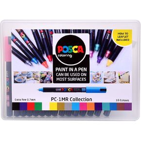 Uni: قلم Posca: PC-1MR: طرف دبوس فائق الدقة: 0.7 مم: مجموعة ألوان متنوعة مكونة من 16 قطعة