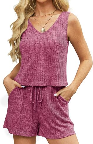 Short Sets for Women Shorts Pajama Set Womens PJ Shorts Sets Knit Pajama Shorts Set Shorts Loungewear-Rose Red-M in Saudi Arabia