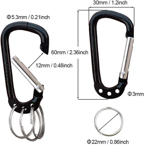 Carabiner Clip Keychain Aluminum Alloy D Shape Multifunction Clip Hook with 3 Key Rings 6 Pack in Saudi Arabia