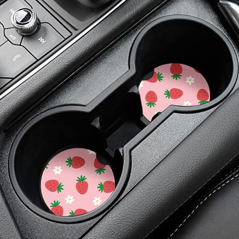Watbro Cup Holder Coaster 2 Pcs Pink Strawberry Flowers Automotive Cupholder Coaster for car Silicone Auto Red Mouth Car Interior Decorations for Women(Strawberry Floral) in Saudi Arabia