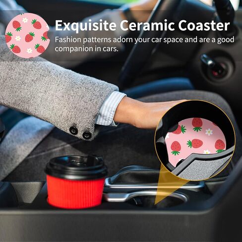 Watbro Cup Holder Coaster 2 Pcs Pink Strawberry Flowers Automotive Cupholder Coaster for car Silicone Auto Red Mouth Car Interior Decorations for Women(Strawberry Floral) in Saudi Arabia