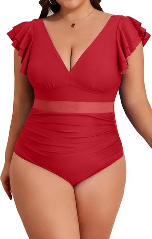 B2prity Women Plus Size One Piece Swimsuit V Neck Mesh Tummy Control Bathing Suit Full Coverage Ruffle Swimwear in Saudi Arabia