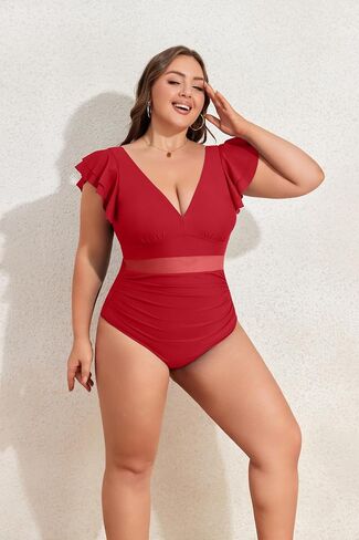 B2prity Women Plus Size One Piece Swimsuit V Neck Mesh Tummy Control Bathing Suit Full Coverage Ruffle Swimwear in Saudi Arabia