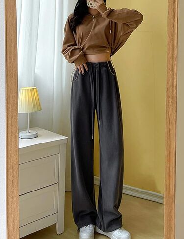 بنطلون رياضي نسائي كاجوال واسع الساق سروال يوجا فضفاض عالي الخصر للركض بنطلون رياضي بجيوب (رمادي-M) in Kuwait