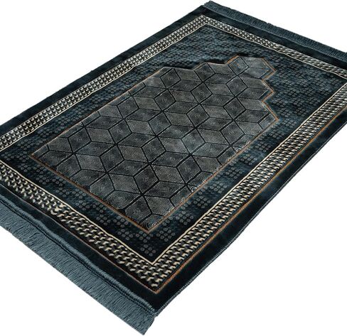 Modefa Turkish Islamic Velvet Prayer Rug - Thick Wide Soft Praying Carpet for Men & Women - Double Plush Large Janamaz - Eid & Ramadan Gift - with Kufi Beads & Car Hanger - Geometric Noor - Black in Saudi Arabia