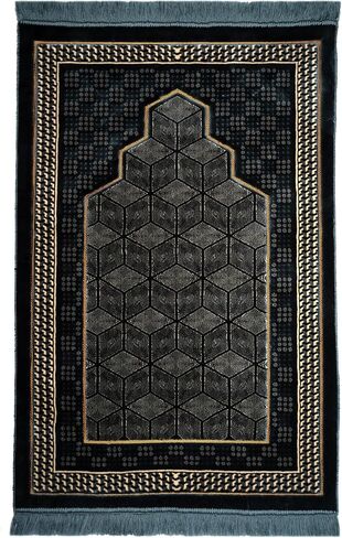 Modefa Turkish Islamic Velvet Prayer Rug - Thick Wide Soft Praying Carpet for Men & Women - Double Plush Large Janamaz - Eid & Ramadan Gift - with Kufi Beads & Car Hanger - Geometric Noor - Black in Saudi Arabia