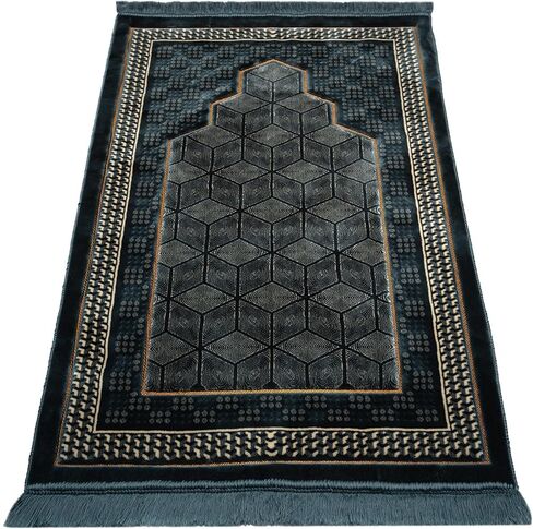 Modefa Turkish Islamic Velvet Prayer Rug - Thick Wide Soft Praying Carpet for Men & Women - Double Plush Large Janamaz - Eid & Ramadan Gift - with Kufi Beads & Car Hanger - Geometric Noor - Black in Saudi Arabia