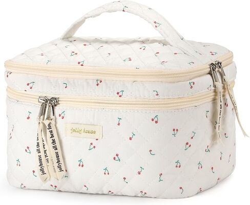 حقيبة مكياج مبطنة، حقيبة مستحضرات تجميل قطنية مع مقبض حقيبة أدوات زينة للسفر بطبقة مزدوجة للنساء حقيبة مكياج جمالية لطيفة على شكل زهور (أزرق مزدوج) in Kuwait