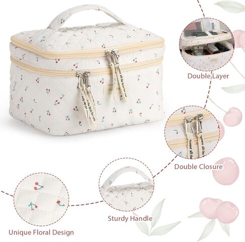حقيبة مكياج مبطنة، حقيبة مستحضرات تجميل قطنية مع مقبض حقيبة أدوات زينة للسفر بطبقة مزدوجة للنساء حقيبة مكياج جمالية لطيفة على شكل زهور (أزرق مزدوج) in Kuwait