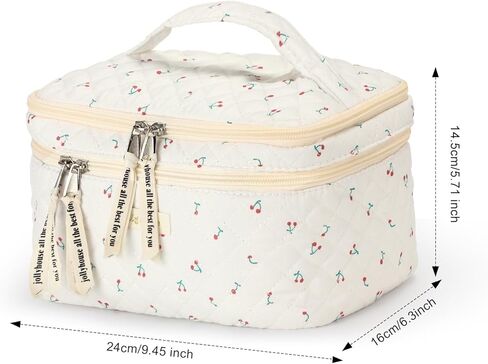 حقيبة مكياج مبطنة، حقيبة مستحضرات تجميل قطنية مع مقبض حقيبة أدوات زينة للسفر بطبقة مزدوجة للنساء حقيبة مكياج جمالية لطيفة على شكل زهور (أزرق مزدوج) in Kuwait