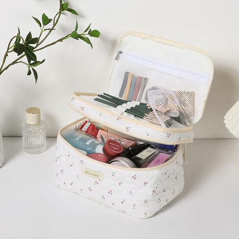 حقيبة مكياج مبطنة، حقيبة مستحضرات تجميل قطنية مع مقبض حقيبة أدوات زينة للسفر بطبقة مزدوجة للنساء حقيبة مكياج جمالية لطيفة على شكل زهور (أزرق مزدوج) in Kuwait