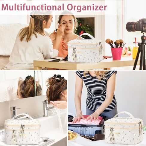 حقيبة مكياج مبطنة، حقيبة مستحضرات تجميل قطنية مع مقبض حقيبة أدوات زينة للسفر بطبقة مزدوجة للنساء حقيبة مكياج جمالية لطيفة على شكل زهور (أزرق مزدوج) in Kuwait