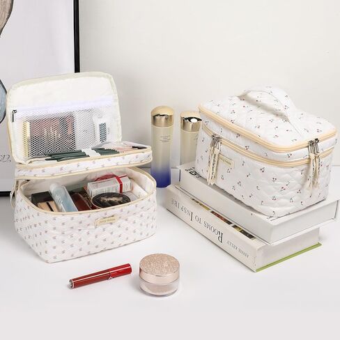 حقيبة مكياج مبطنة، حقيبة مستحضرات تجميل قطنية مع مقبض حقيبة أدوات زينة للسفر بطبقة مزدوجة للنساء حقيبة مكياج جمالية لطيفة على شكل زهور (أزرق مزدوج) in Kuwait