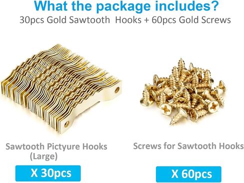 YHYZ Sawtooth Picture Hangers Bulk (Medium), 30pcs Gold Sawtooth Hangers / Hooks with 60pcs Screws, for Picture Frame Painting Photos Artwork Clock Home Decoration (30 Sets, Mediuml) in Kuwait